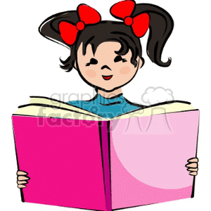 Clipart image of a young girl with red bows in her hair, reading a large pink book.