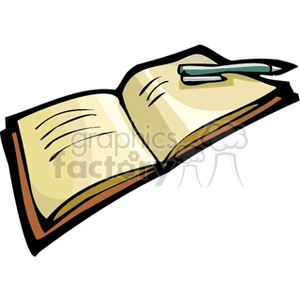 A clipart image of an open notebook with a pen resting on its pages, symbolizing writing, journaling, or schoolwork.