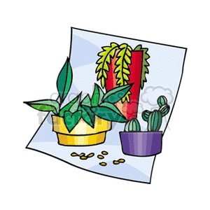 Clipart of potted plants, including a cactus, with scattered seeds on a paper background.