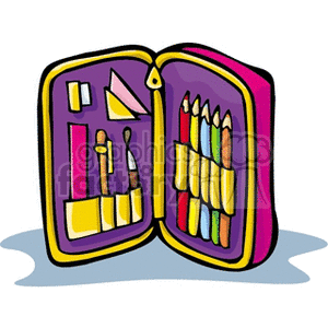 A colorful clipart image showing an open zipper bag containing organized school supplies such as pencils, a ruler, and other tools.