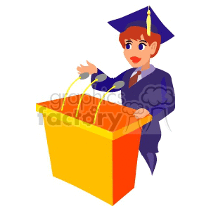 Clipart of a student in cap and gown speaking at a podium with microphones, symbolizing a graduation or motivational speech.