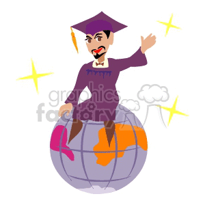 A clipart image of a graduate in a purple cap and gown sitting on top of a globe, surrounded by stars.