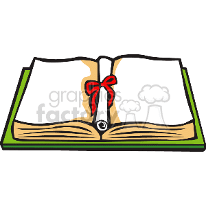 The clipart image shows an open book lying flat, with its pages slightly curved upward towards the center. There is a red ribbon tied into a bow on the spine of the book, suggesting a diploma or a degree, symbolizing academic achievement or graduation.
