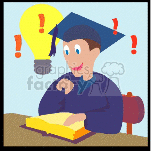 Clipart of a student with a graduation cap reading a book, surrounded by exclamation marks and a lightbulb symbolizing ideas.