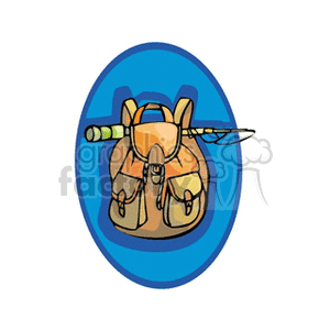 A clipart image of an orange backpack with pockets and a fishing rod, set against a blue oval background.