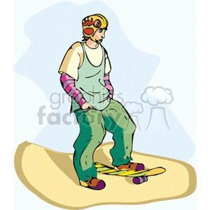 Clipart image of a boy standing with a skateboard, wearing a helmet and casual clothes.