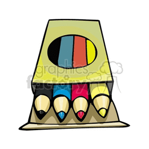 Illustration of a box of colored pencils with five visible pencils in yellow, blue, red, and black.