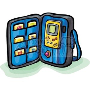 Clipart image of a portable gaming device and game cartridge holder.