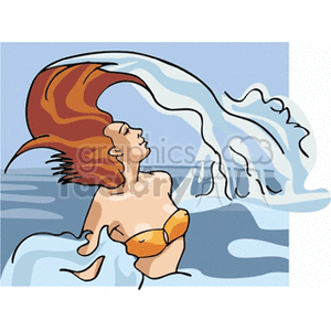 A stylish clipart image of a mermaid or woman in a bikini enjoying the ocean, with her hair flipping through the air and water splashing around.