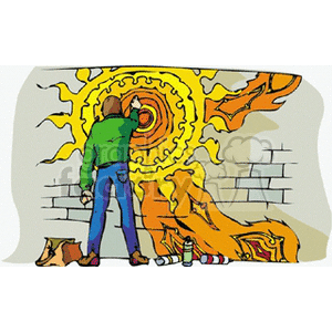 A person spray painting a vibrant and colorful mural on a brick wall, featuring a large sun and abstract designs.