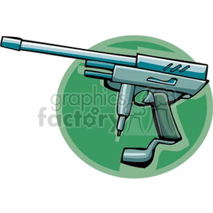 Clipart illustration of a paintball gun over a green circular background.