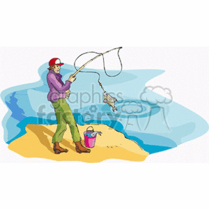 A person fishing by the water, holding a fishing rod with a fish on the line. A bucket is on the ground nearby.