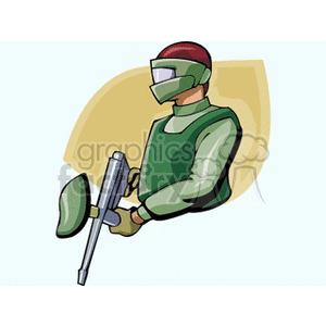 Illustration of a person wearing protective gear and holding a paintball gun, ready for a paintball game.