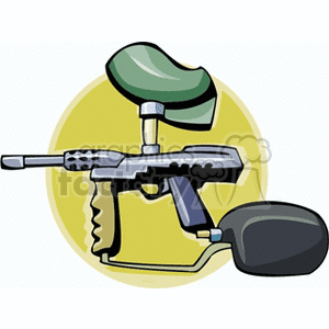 Clipart image of a paintball gun with a green hopper and a black air tank, set against a yellow circular background.