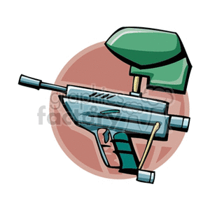 A clipart illustration of a paintball gun with a green loader, set against a circular background.