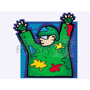 Cartoon illustration of a person in a green camouflage outfit with arms raised, wearing gloves, goggles, and helmet, featuring colorful paint splashes.