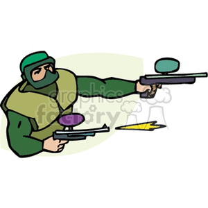 Clipart image of a paintball player in green protective gear and helmet, holding a paintball gun and firing a shot.