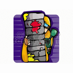 This clipart depicts a paintball player in yellow gear holding a paintball gun while hiding behind a shield. The player is in an active stance, with visible paint splatters on the obstacles.