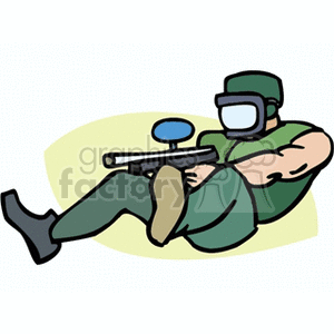 A clipart image of a person in green gear and protective goggles sitting down and holding a paintball gun.
