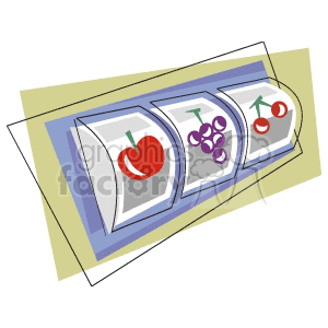 Illustration of a slot machine with fruit symbols, including an apple, grapes, and cherries.