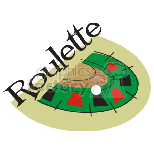 Illustration of a roulette wheel with the word 'Roulette' in bold text, featuring a ball on a green, red, and black wheel section.