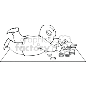 A cartoon character lying on the ground, excitedly stacking and reaching for casino chips.