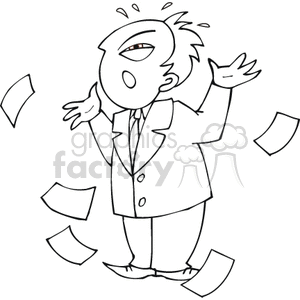 A cartoonish illustration of a stressed man in a suit surrounded by flying cards, conveying a sense of panic or worry, possibly related to gambling or casino activities.