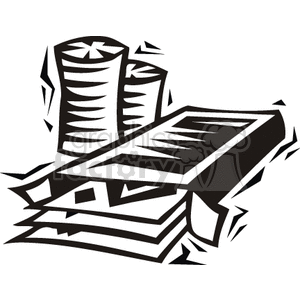 A black and white clipart image featuring stacks of poker chips and a pile of cash, representing concepts of gambling and casinos.