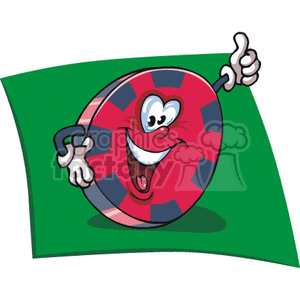 A cheerful cartoon poker chip character giving a thumbs up.