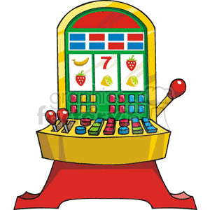 Colorful slot machine clipart with fruit symbols and levers, representing casino gambling in Las Vegas.