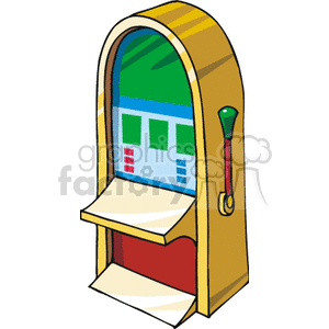 Colorful clipart image of a retro-style slot machine with a lever, commonly found in casinos.