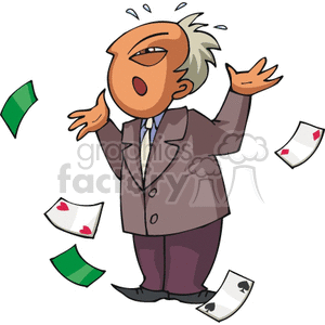 A cartoon character in a suit surrounded by playing cards and money, expressing frustration, depicting a casino gambling theme.