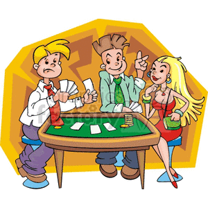 Cartoon illustration of three people playing poker at a casino table. The scene includes poker chips and cards on the table.