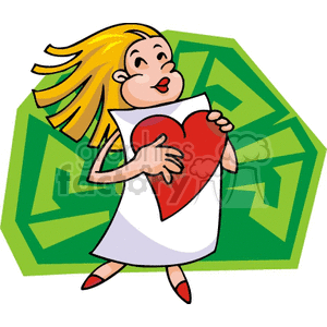 Clipart of a woman holding a card with a large red heart, set against a green abstract background.