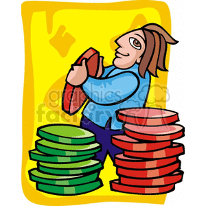 Clipart image of a person holding casino chips, surrounded by stacks of red and green chips, depicting a casino or gambling theme.