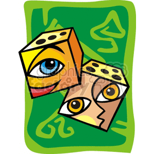 Colorful clipart image featuring two animated dice with eyes, set against a vibrant green background with abstract shapes.