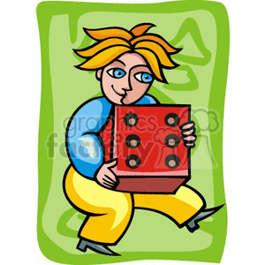 A colorful cartoon character carrying a large red die, set against a green abstract background.