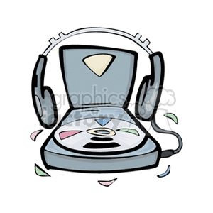 A clipart image of a portable CD player with headphones. The CD player is open and there are several colorful scattered pieces around it.