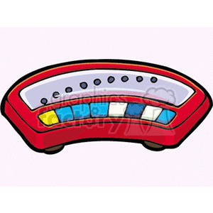 Illustration of a red curved musical instrument with a mix of colored buttons.