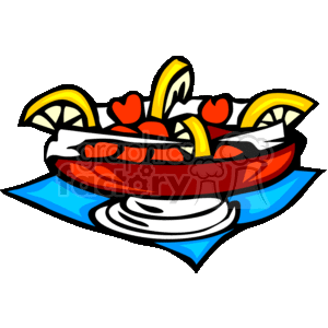 The clipart image depicts a bowl of fruit jello with added fruit pieces and heart-shaped decorations, presented on a blue napkin. The bowl is red and rests on a white stand or pedestal. Inside the jello are segmented citrus fruits, likely oranges or lemons, visible along the rim, and red heart-shaped elements scattered throughout, which could be either pieces of fruit cut into heart shapes or added sweet decorations.