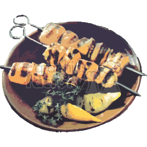   The clipart image depicts a skewer of grilled chicken shish kabob. The skewer is laid across what appears to be a plate with chunks of chicken that have grill marks on them, indicative of them being cooked on a grill. Accompanying the chicken on the skewer are pieces of vegetables. Additionally, there are lemon wedges and herbs on the plate which are commonly served with grilled dishes to enhance flavor. 