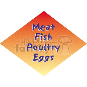 A clipart image featuring the text 'Meat Fish Poultry Eggs' centered on a diamond-shaped gradient background.