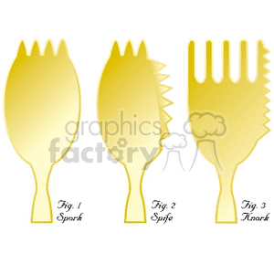 Clipart image featuring three hybrid utensils: a spork, a spife, and a knork, each with a unique design and labeled respectively.