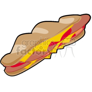 A clipart image of a sandwich with multiple layers of cheese and other fillings inside a baguette-style bread.