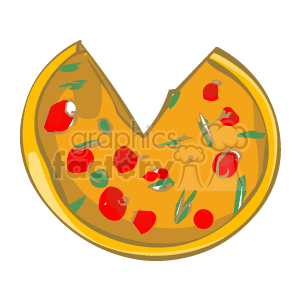 This clipart image depicts a pizza with a couple of slices taken out. The pizza has toppings that appear to be tomatoes, green herbs, and possibly slices of pepperoni or some red meat. The crust is golden brown, suggesting it is baked.