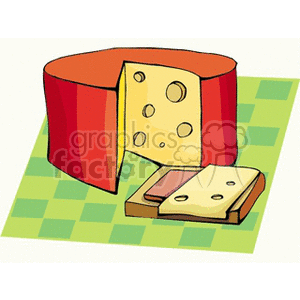 Clipart image of a cheese wheel with a wedge cut out and a sandwich with cheese slices on a green checkered background.