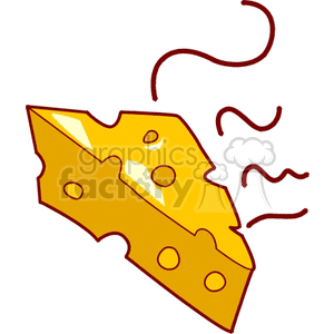 A clipart illustration of a wedge of Swiss cheese with holes and wavy lines to indicate aroma.