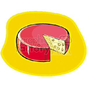 Clipart image of a round wheel of cheese with a wedge removed, showcasing a yellow interior and a red rind.