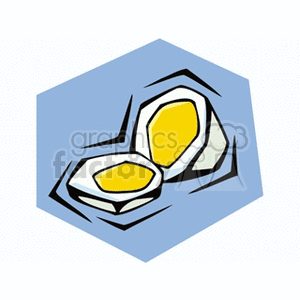 Clipart image of two hard boiled eggs cut in half with visible yolks on a blue background.