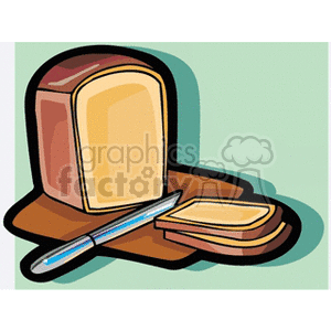 This clipart image features a loaf of bread with a couple of slices cut and a knife resting on a surface.